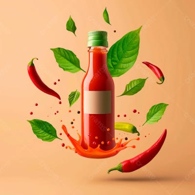Embalagem De Molho De Pimenta Com Rótulo Em Branco Com Folhas E Pimentas 45
