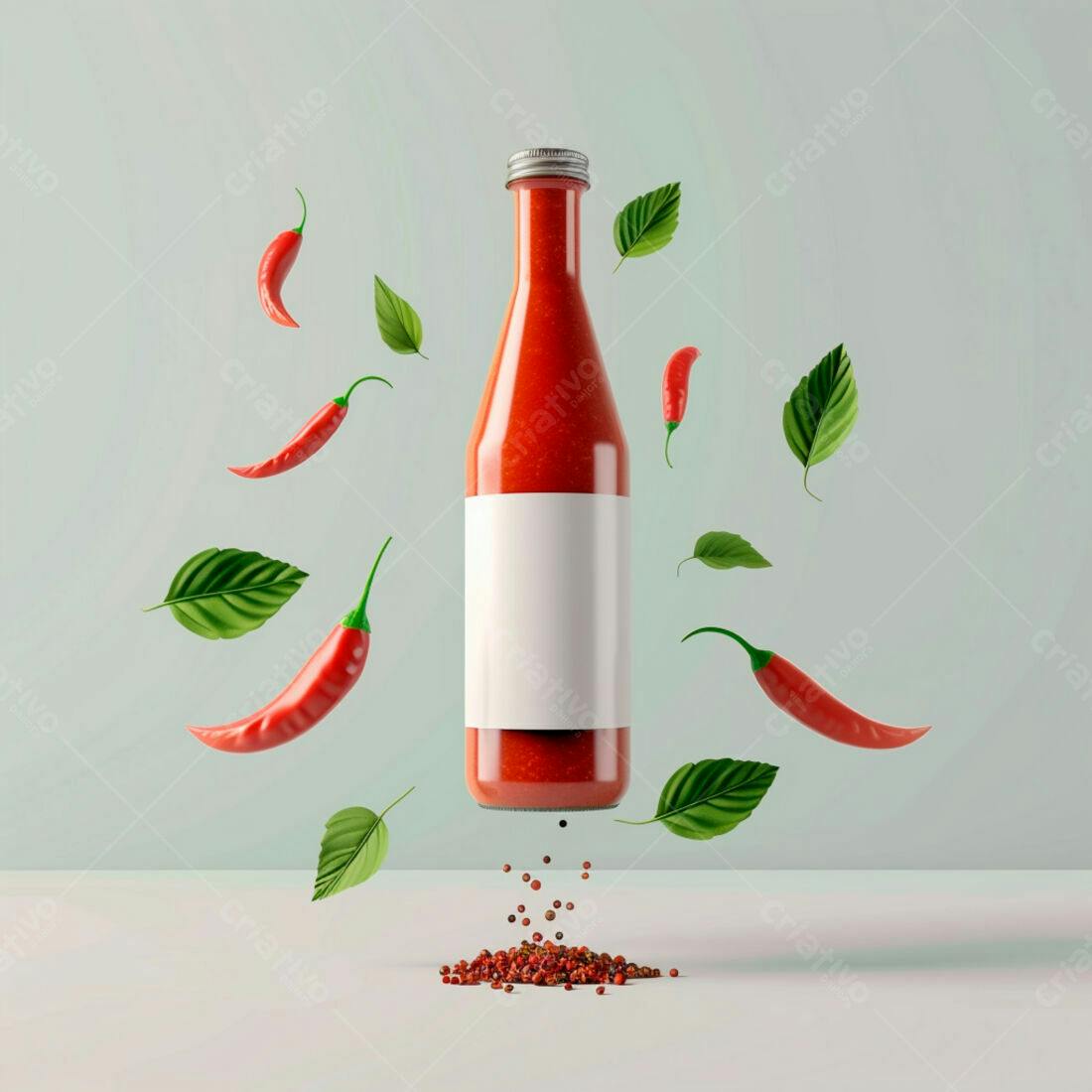 Molho de pimenta em garrafa com pimentas e folhas