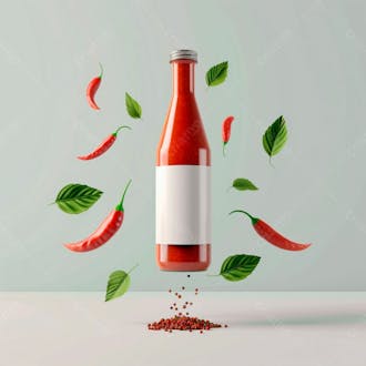 Embalagem de molho de pimenta com rótulo em branco com folhas e pimentas 47