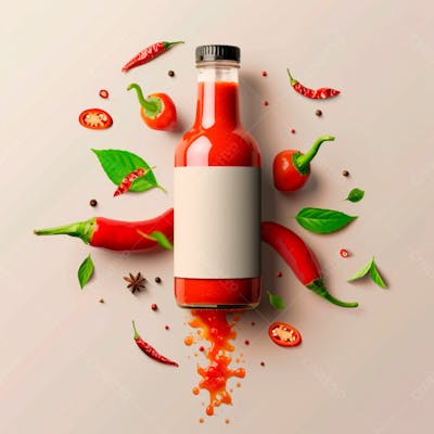 Embalagem De Molho De Pimenta Com Rótulo Em Branco Com Folhas E Pimentas 50