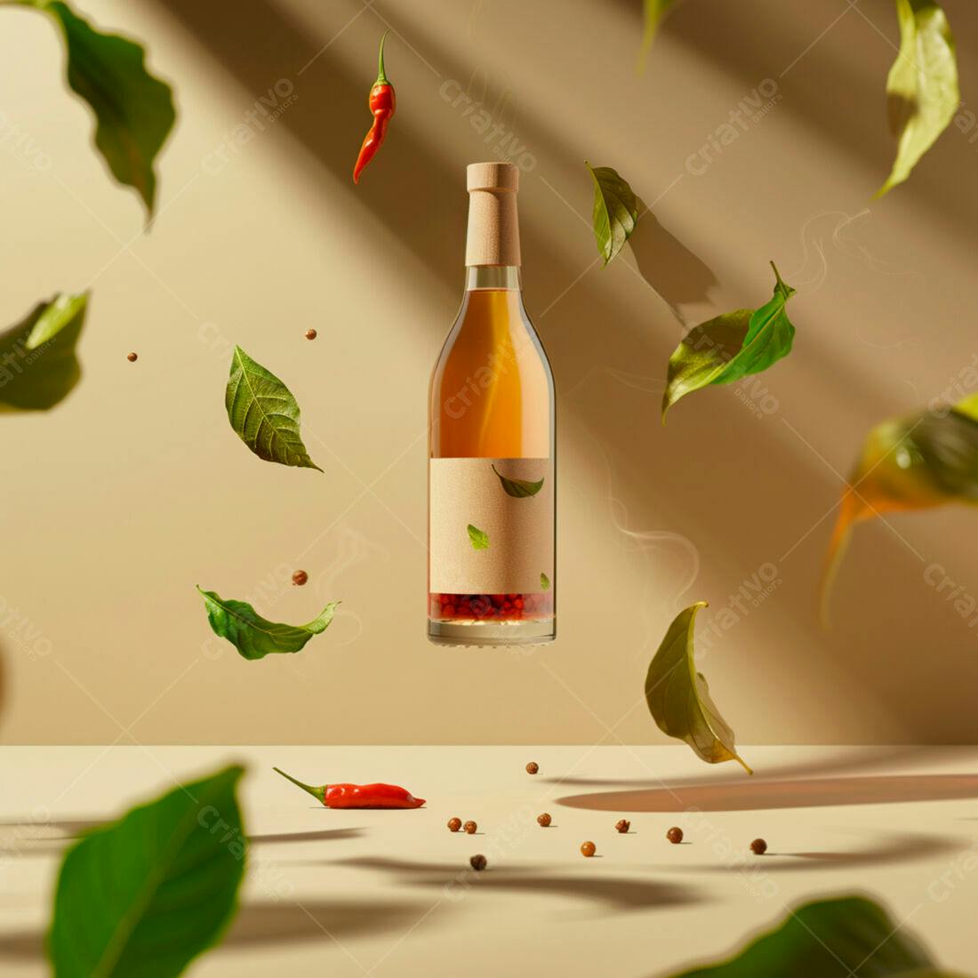 Garrafa de óleo com pimenta e folhas