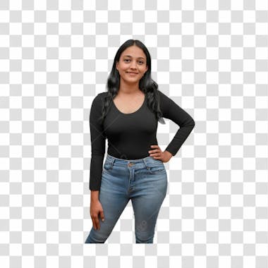 Mulher com calça de brim e blusa preta png transparente