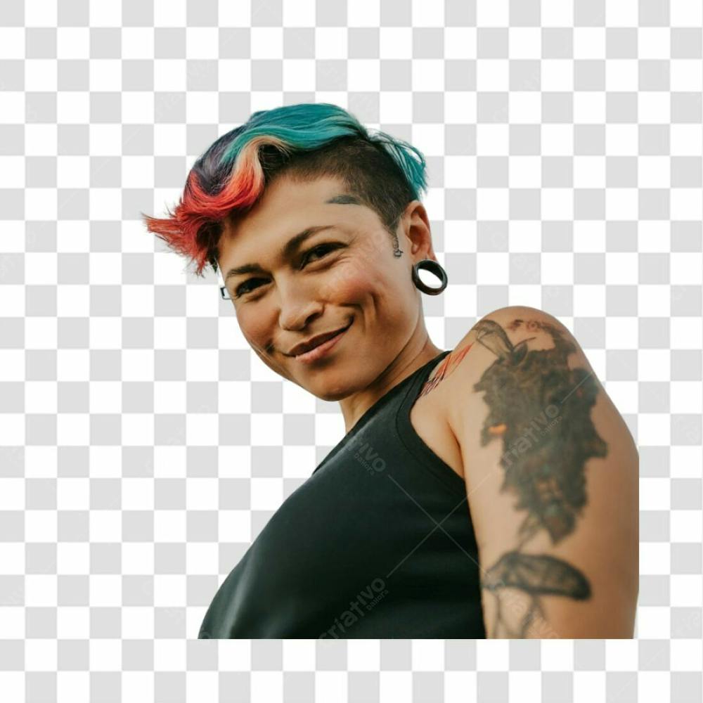 Mulher De Cabelo Curto E Colorido Olhando Para Baixo Sorrindo Png