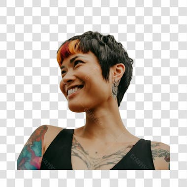 Mulher de cabelo curto e tatuada sorrindo png transparente