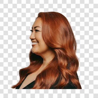 Mulher de cabelo vermelho castanho sorrindo olhar para o lado png transparente