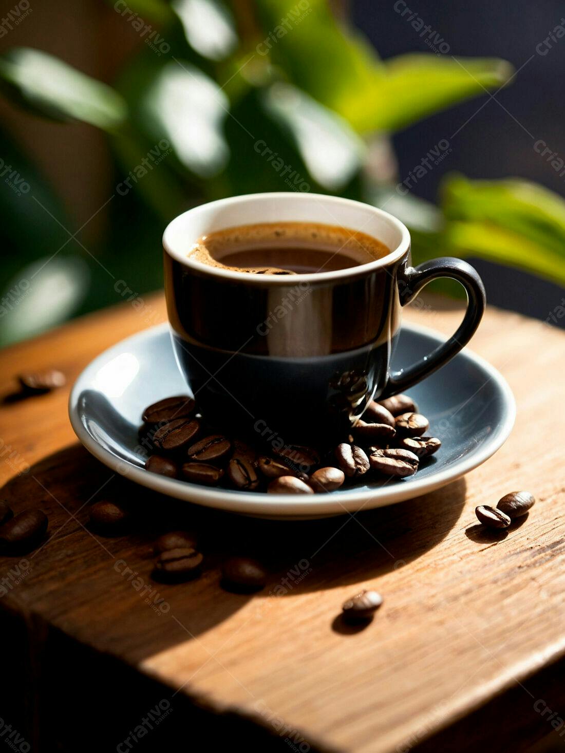 Café expresso em xícara escura com grãos