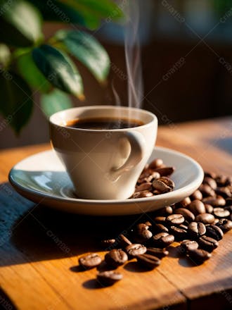 Uma xicara de cafe com graos de cafe1