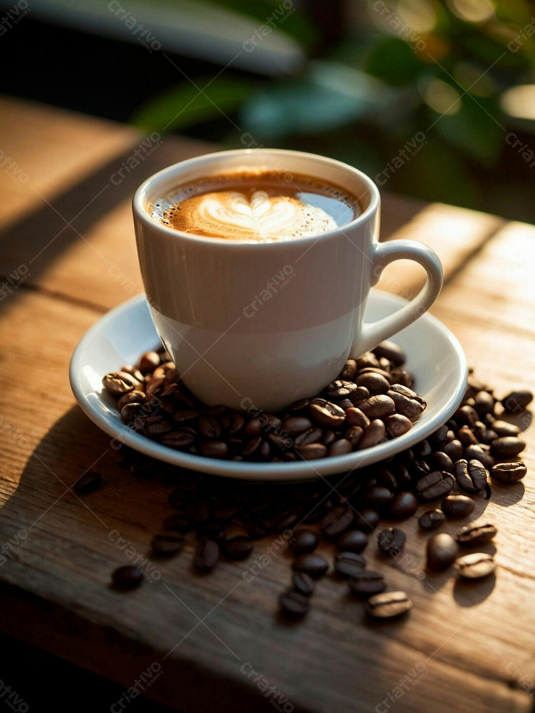 Café com arte na espuma sobre grãos de café