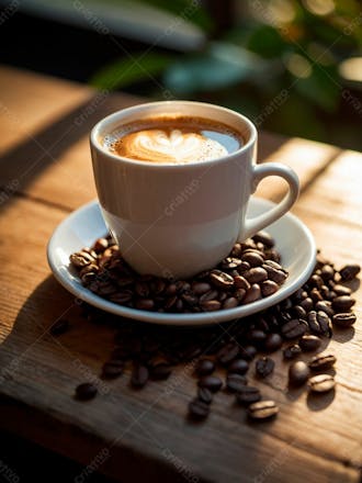 Uma xicara de cafe com graos de cafe3