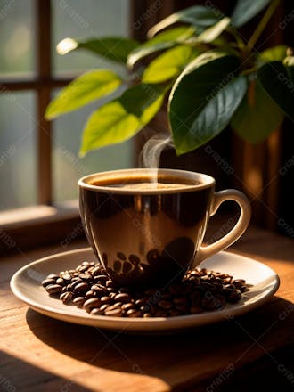 Uma xicara de cafe com graos de cafe4