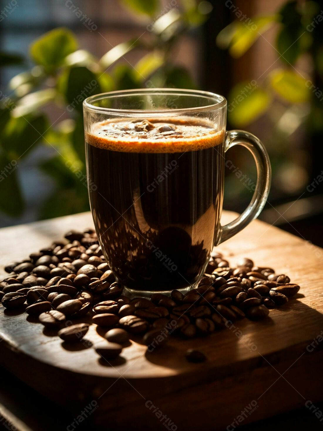 Café espresso em xícara de vidro com grãos