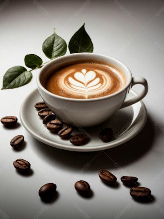 Uma xicara de cafe com graos de cafe8
