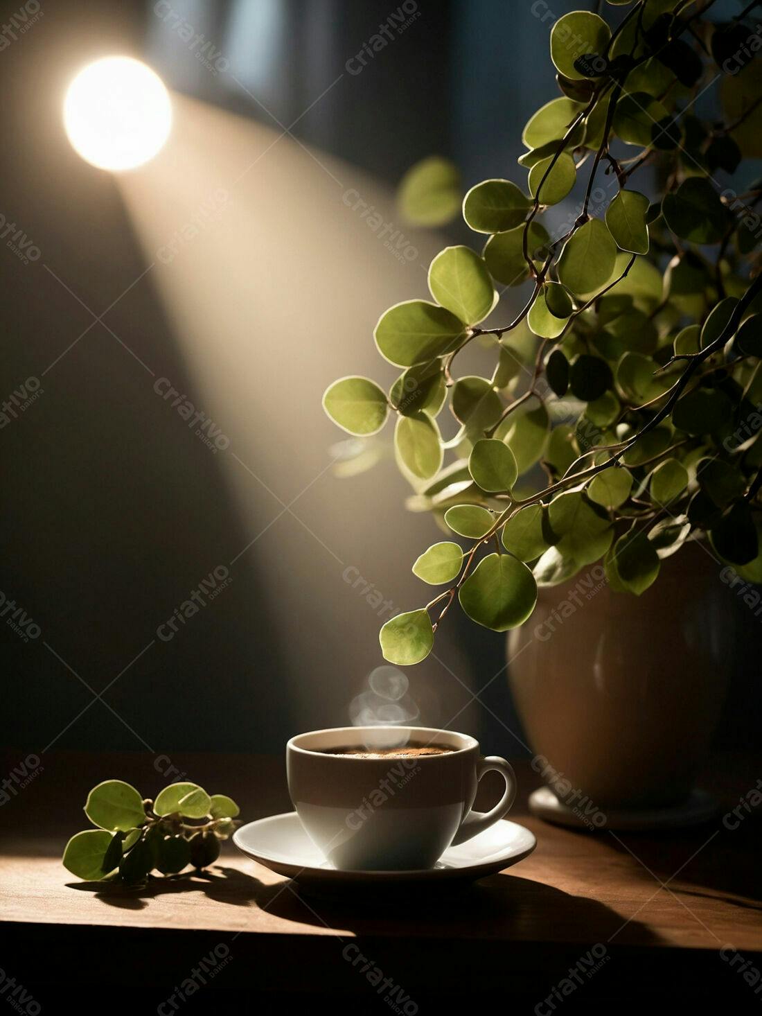 Café quente na mesa de madeira com plantas