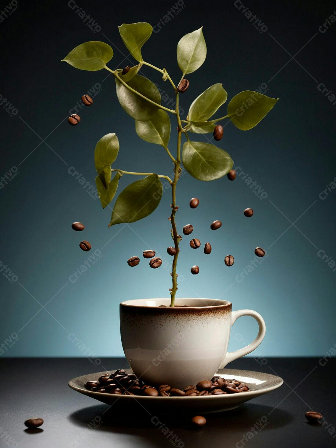 Planta de café em xícara com grãos caindo
