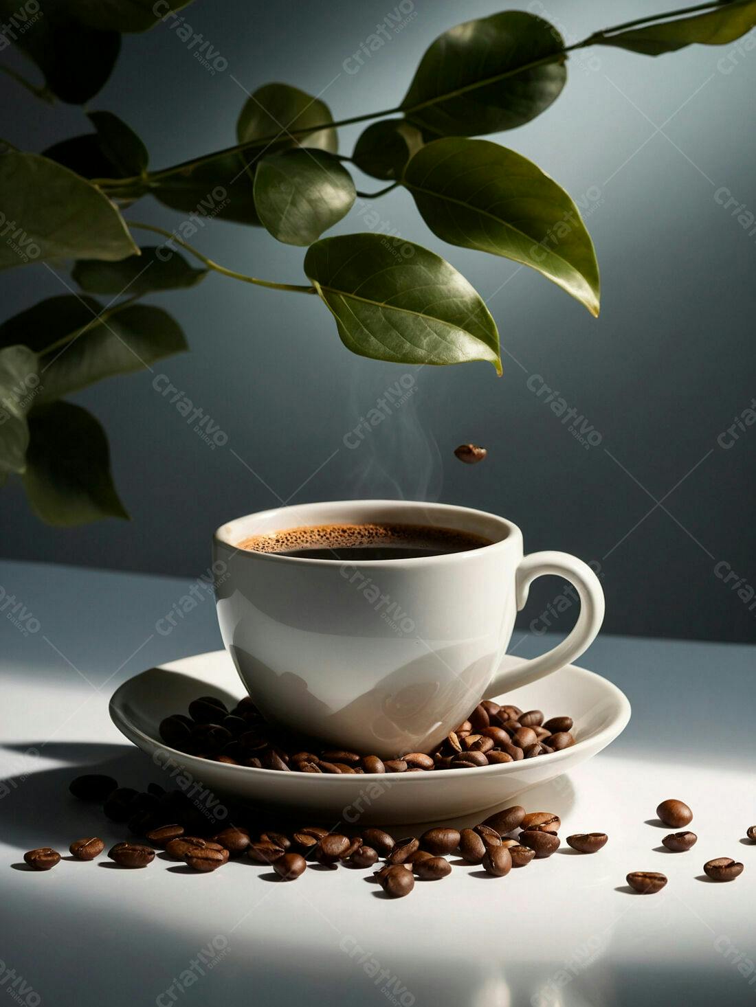 Xícara de café fumegante com grãos