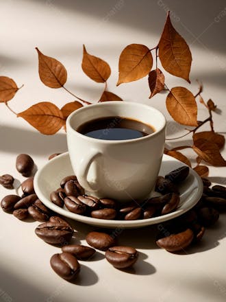 Uma xicara de cafe com graos de cafe13