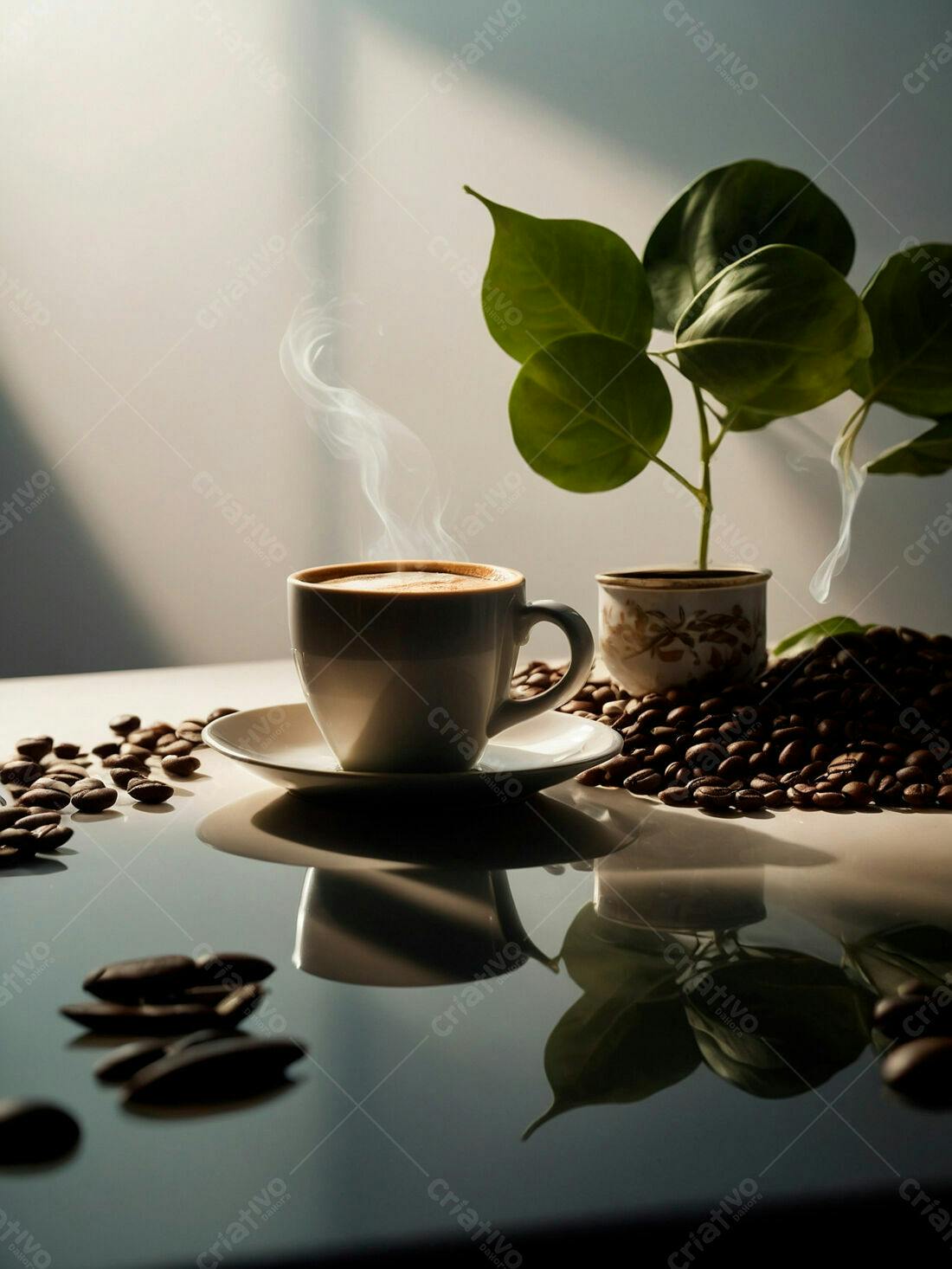 Café expresso aromático com grãos e planta