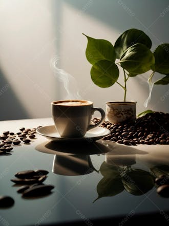 Uma xicara de cafe com graos de cafe14