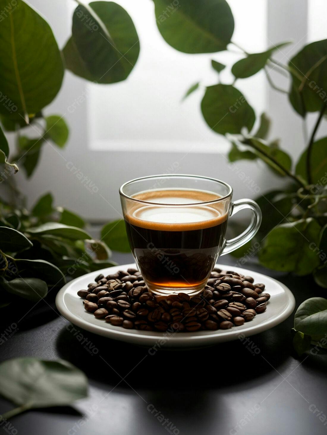 Café expresso em xícara de vidro sobre grãos