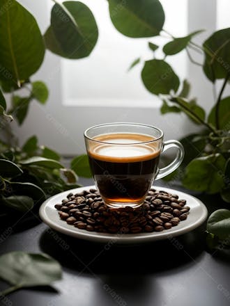 Uma xicara de cafe com graos de cafe15