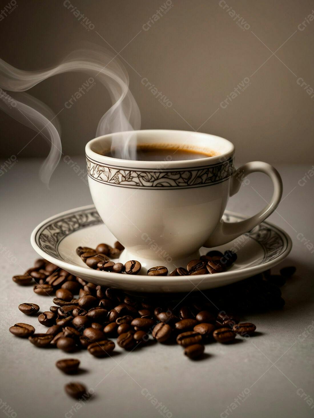 Xícara de café fumegante com grãos