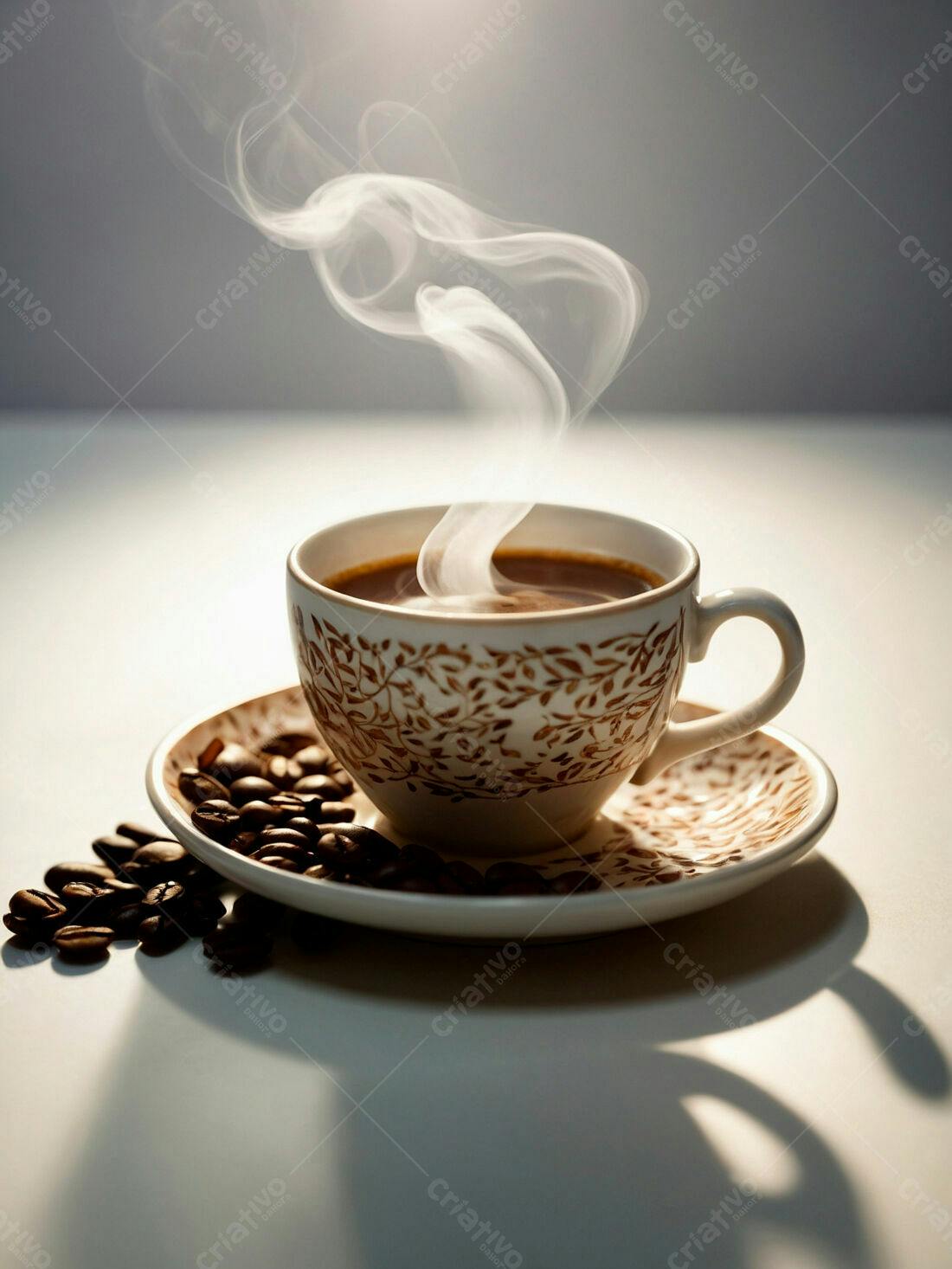 Xícara de café fumegante com grãos
