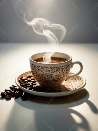 Uma xicara de cafe com graos de cafe17