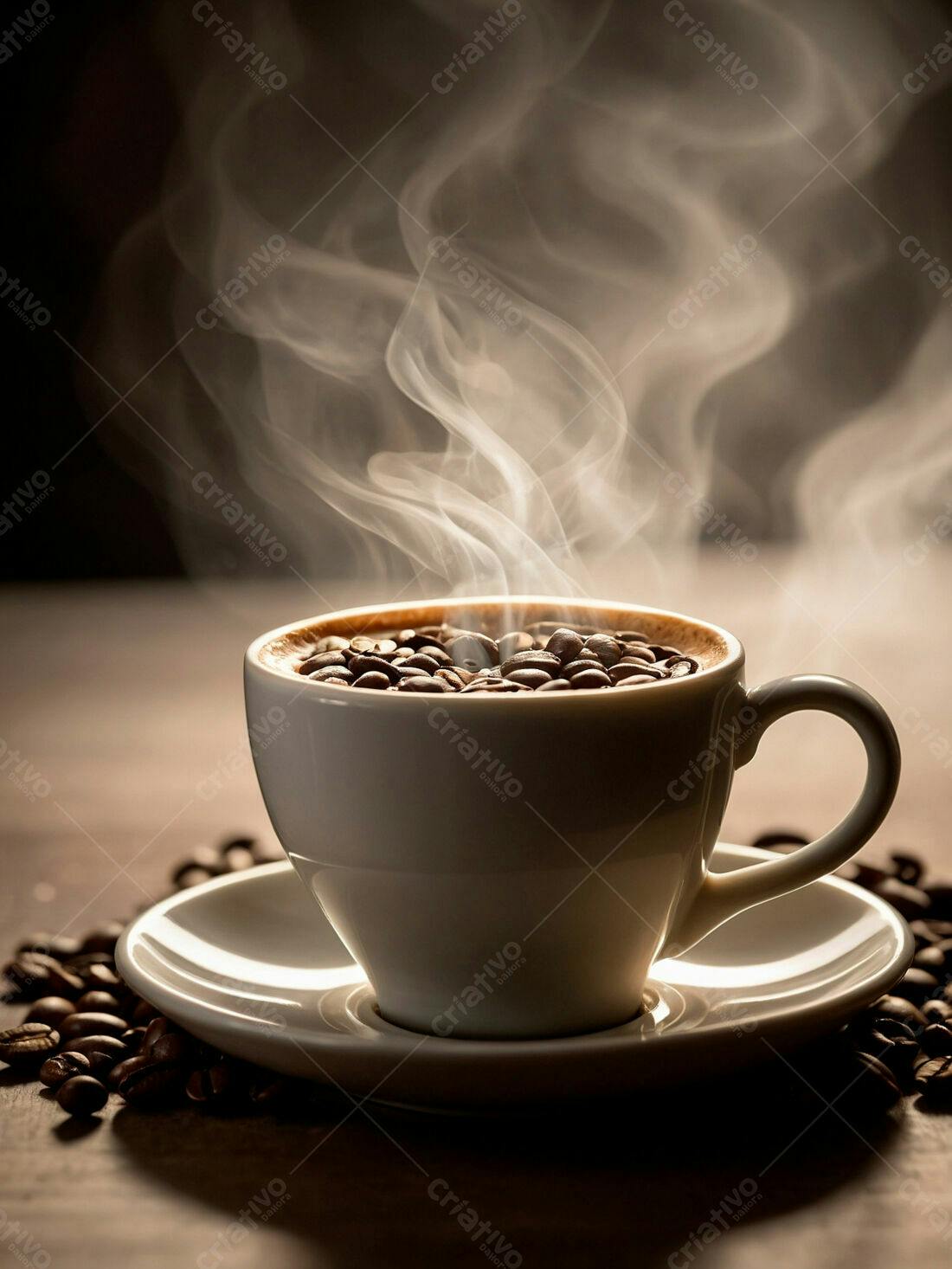 Café fumegante com grãos em xícara
