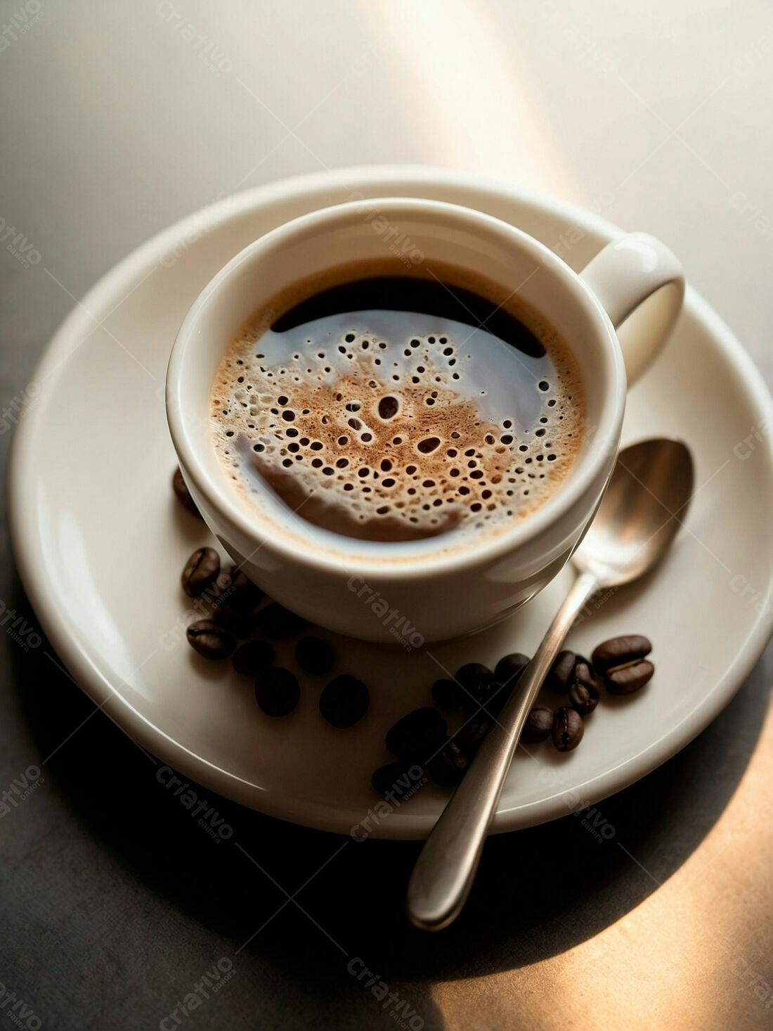 Café expresso em xícara branca com grãos