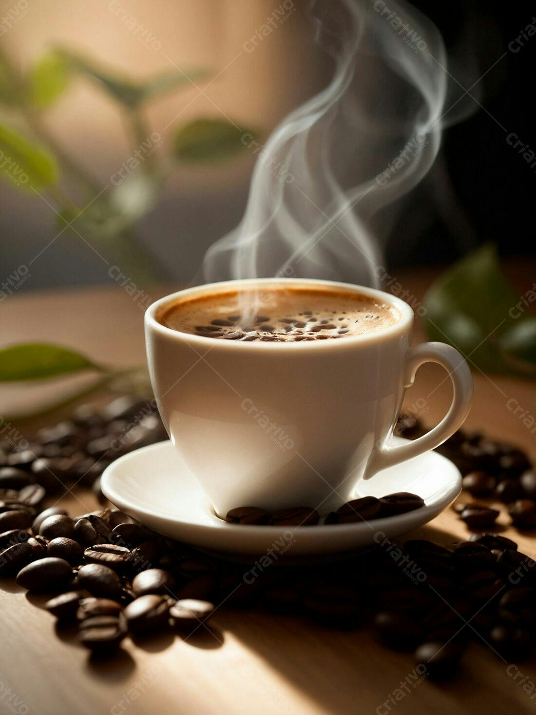 Café quente em xícara branca com grãos
