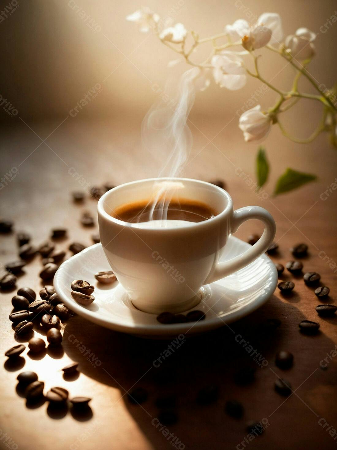 Café expresso fumegante com grãos e flores