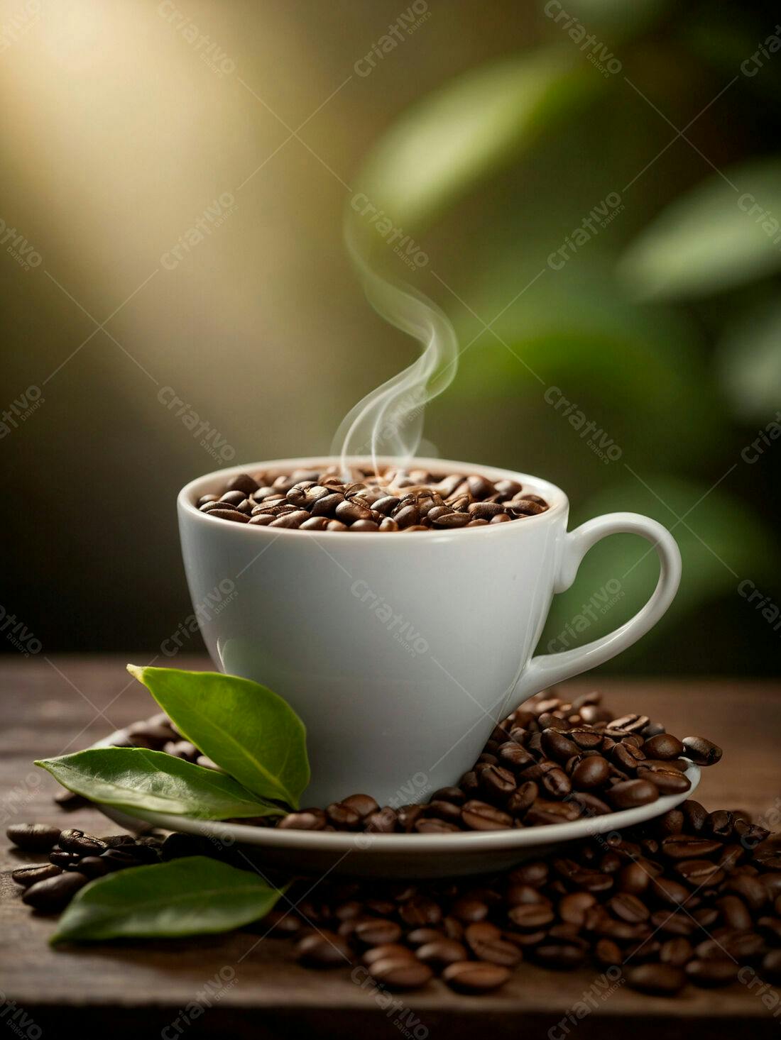 Xícara de café com grãos e folhas