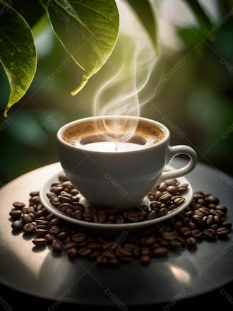 Uma xicara de cafe com graos de cafe25