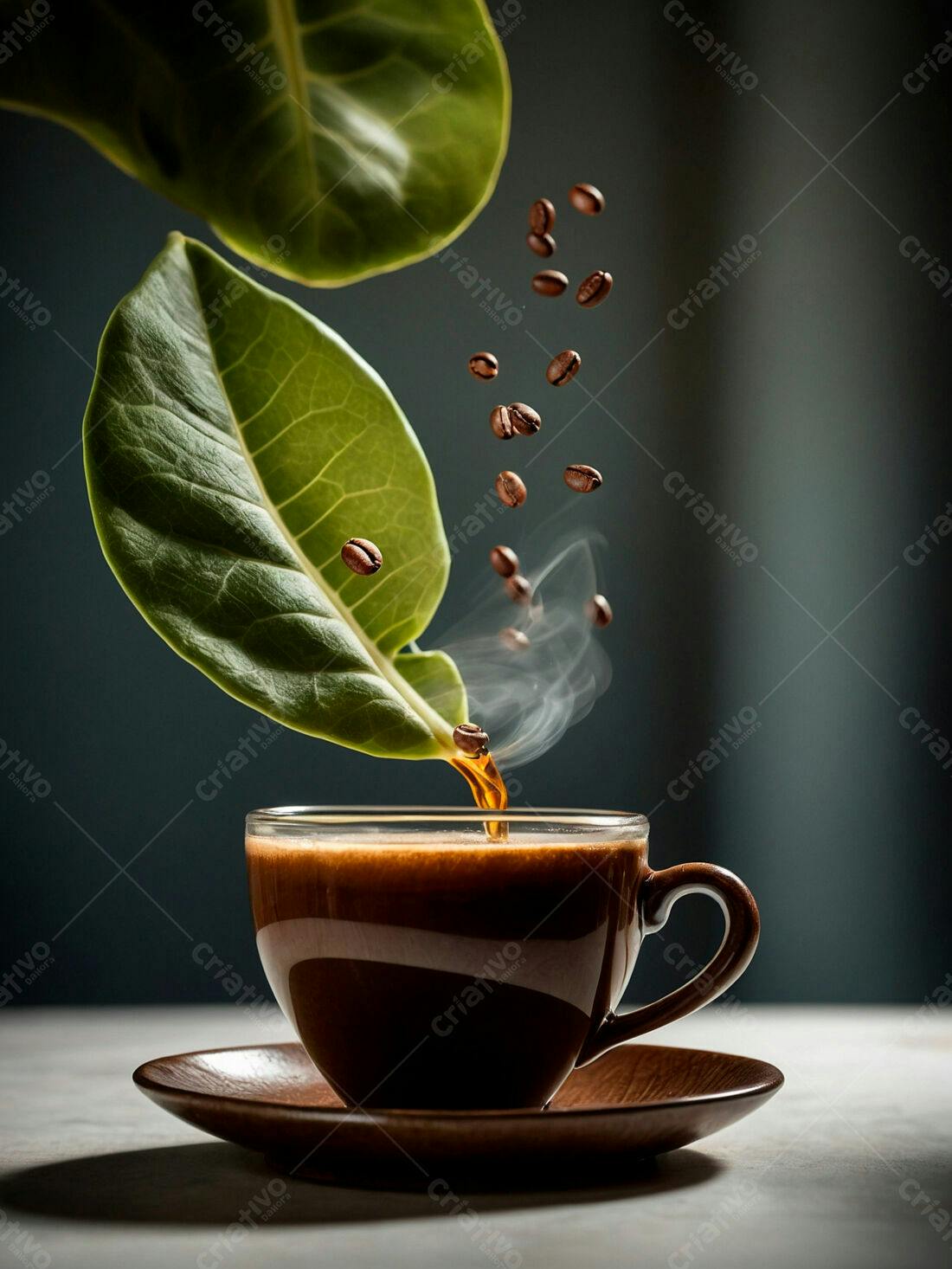 Café sendo servido com grãos e folhas