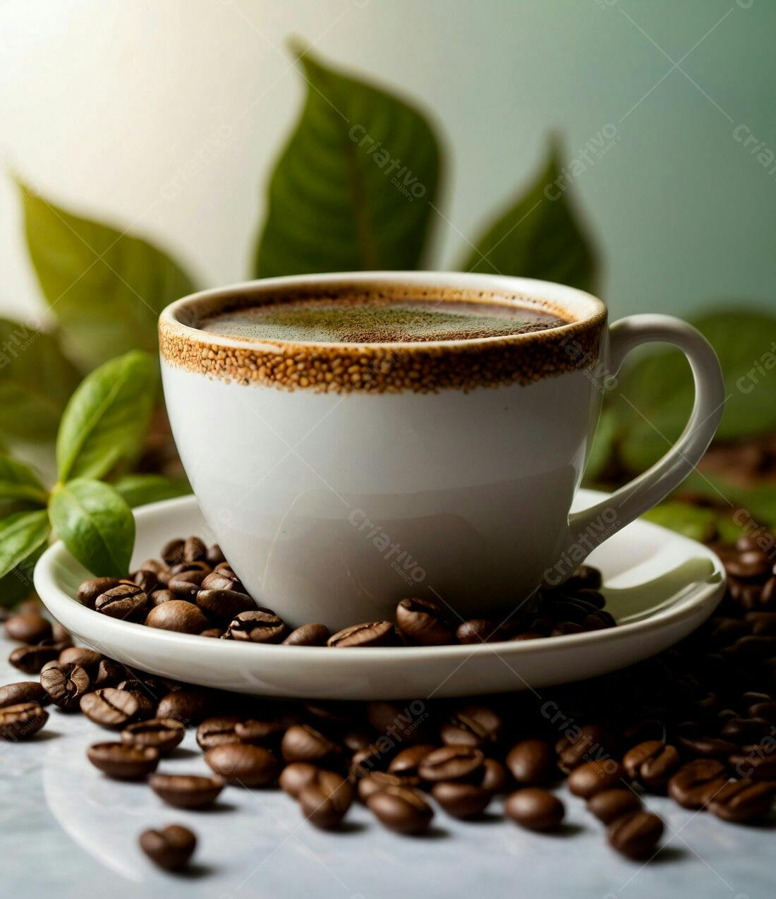 Café da manhã xícara branca grãos café