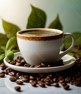 Uma xicara de cafe com graos de cafe27