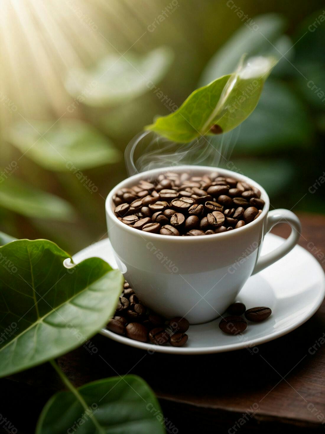 Xícara de café com grãos e folhas verdes