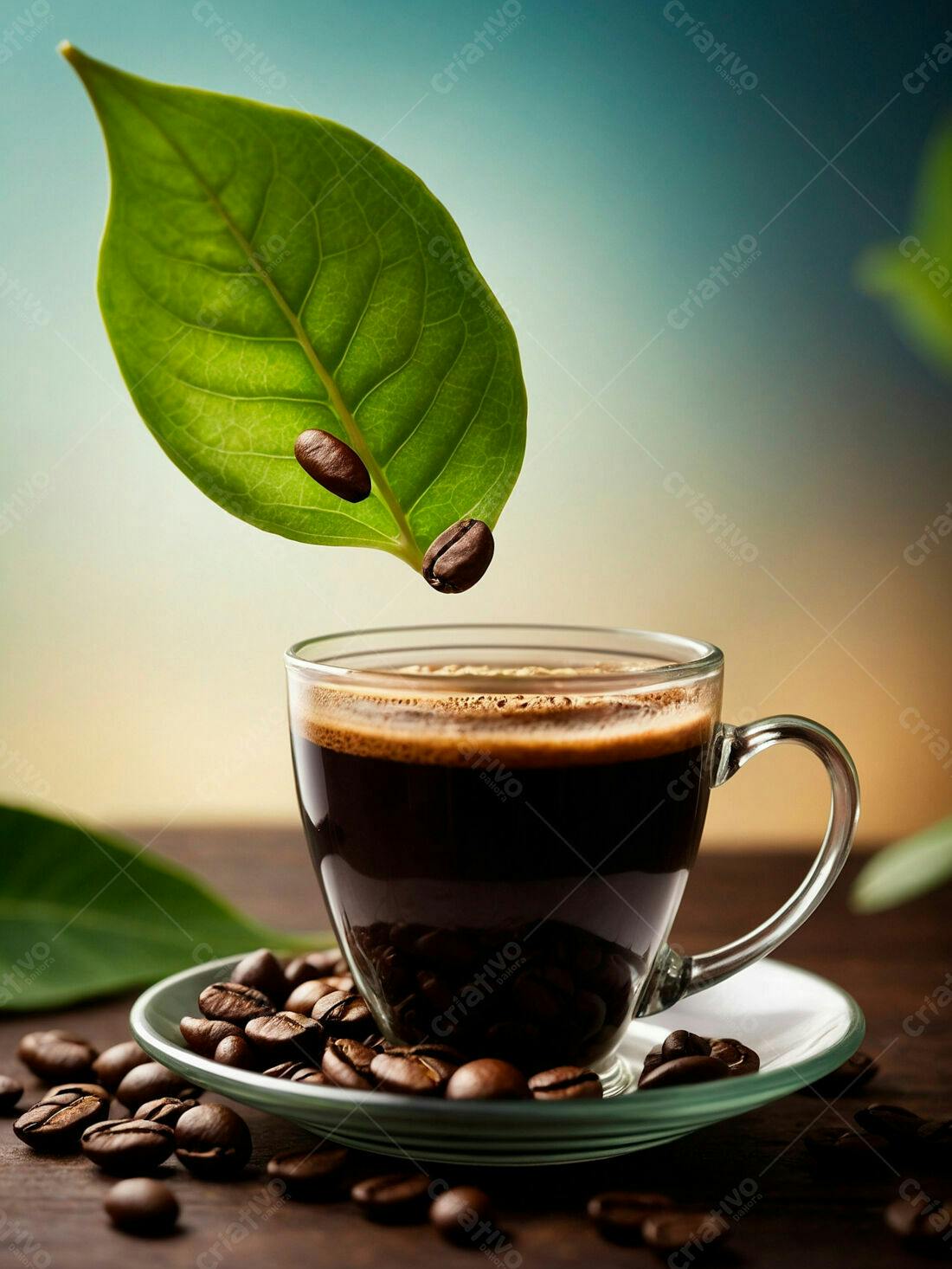 Café expresso em xícara de vidro com grãos e folha