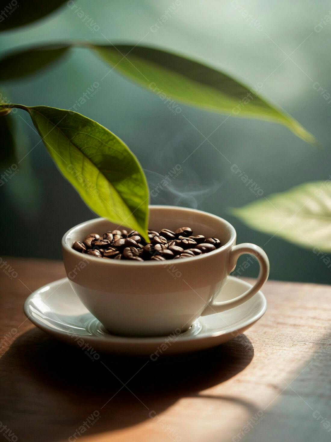 Xícara de café com grãos e folha verde