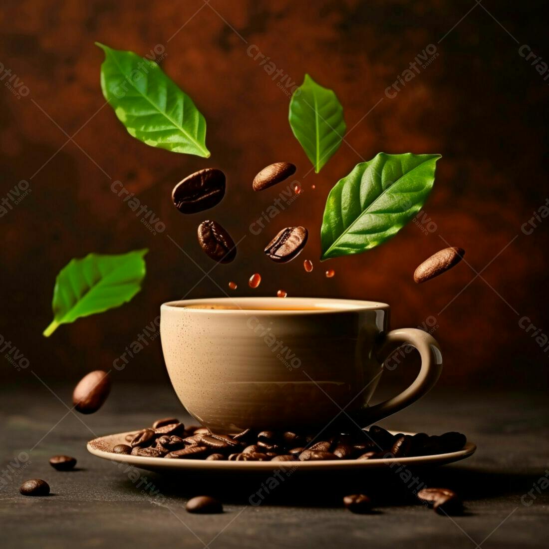 Café em grãos e folhas caindo em xícara