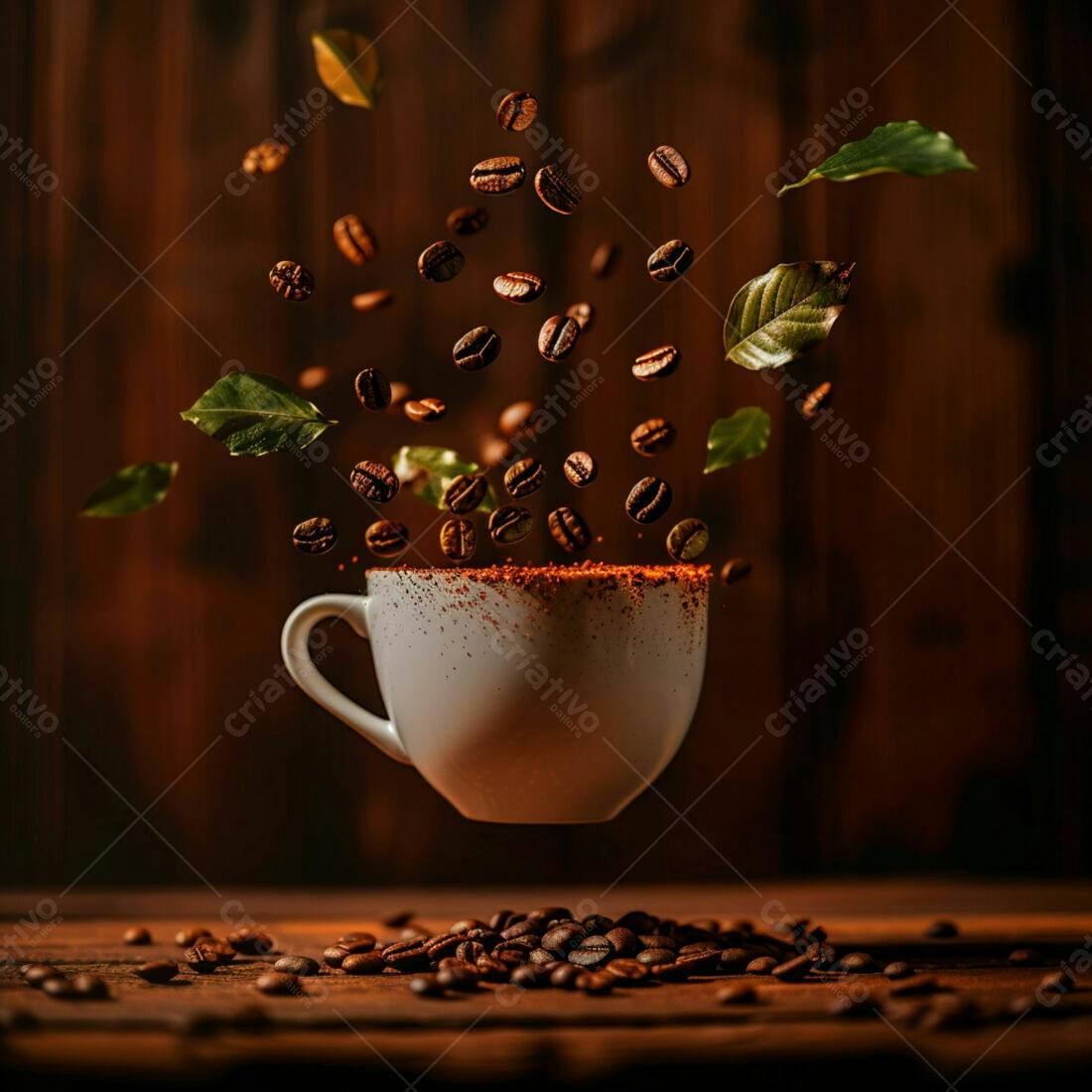 Xícara de café suspensa com grãos e folhas