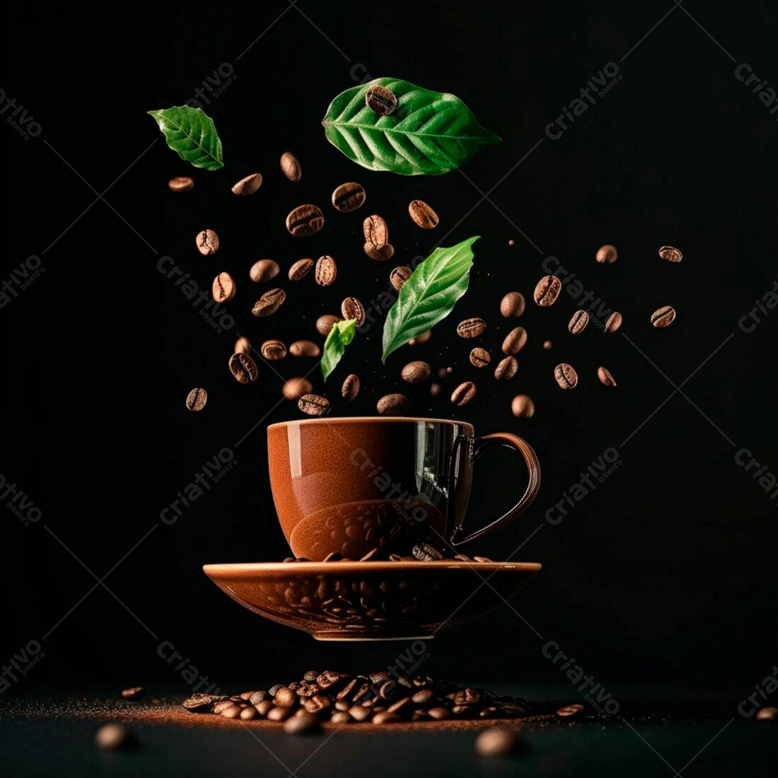 Xícara de café com grãos e folhas caindo