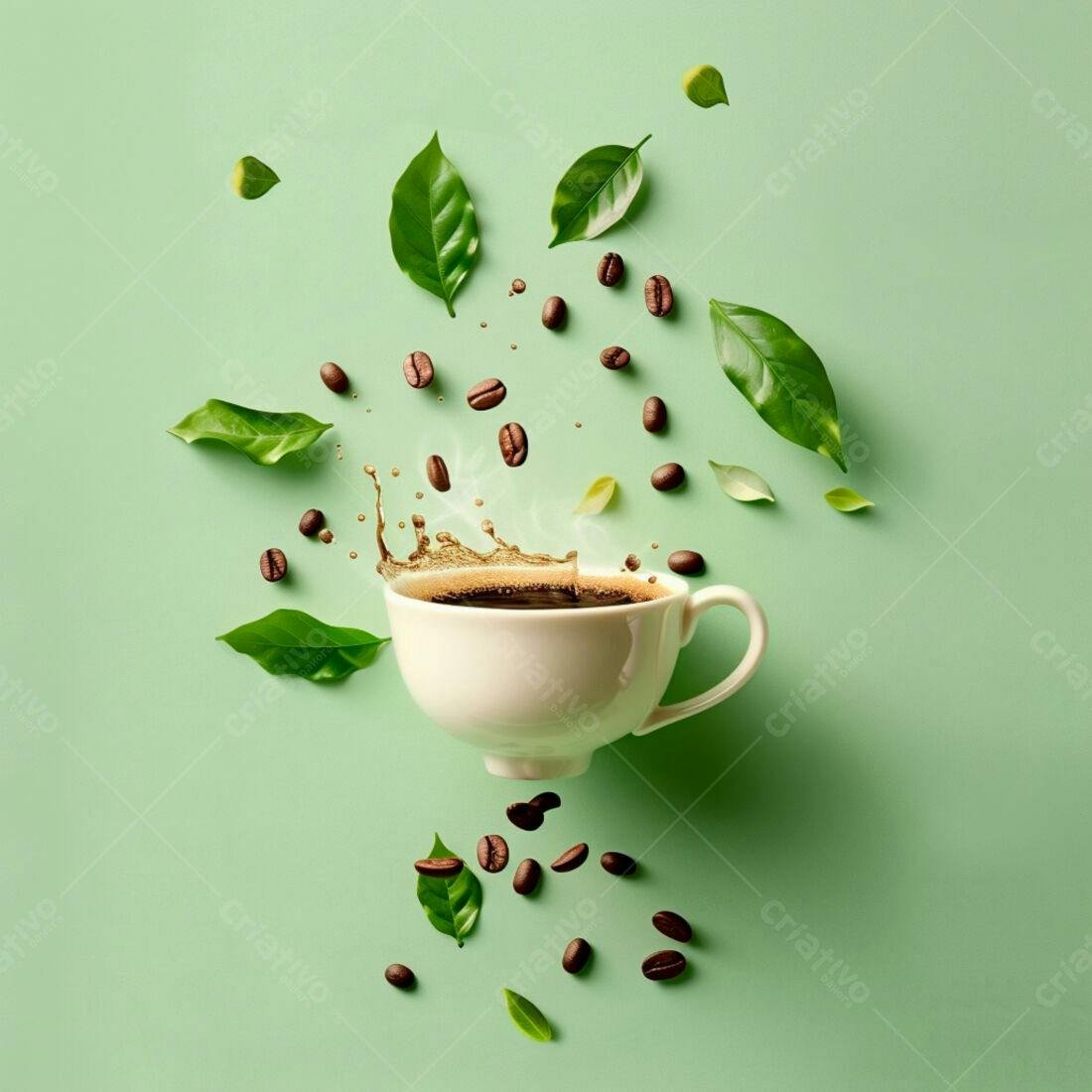 Xícara de café com grãos e folhas verdes