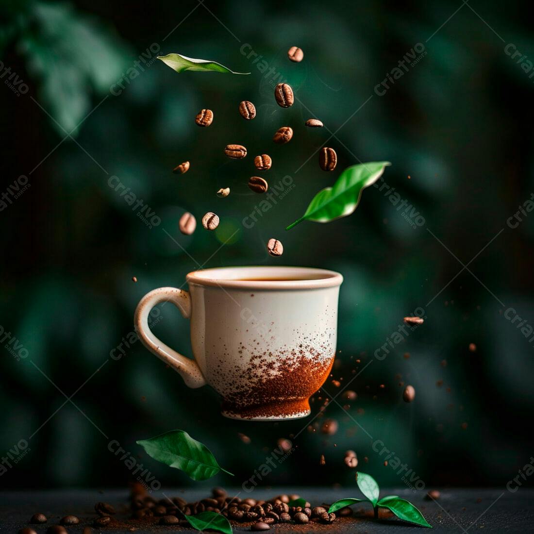 Xícara de café suspensa com grãos e folhas
