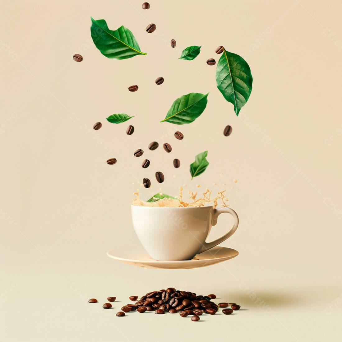 Café com grãos e folhas caindo