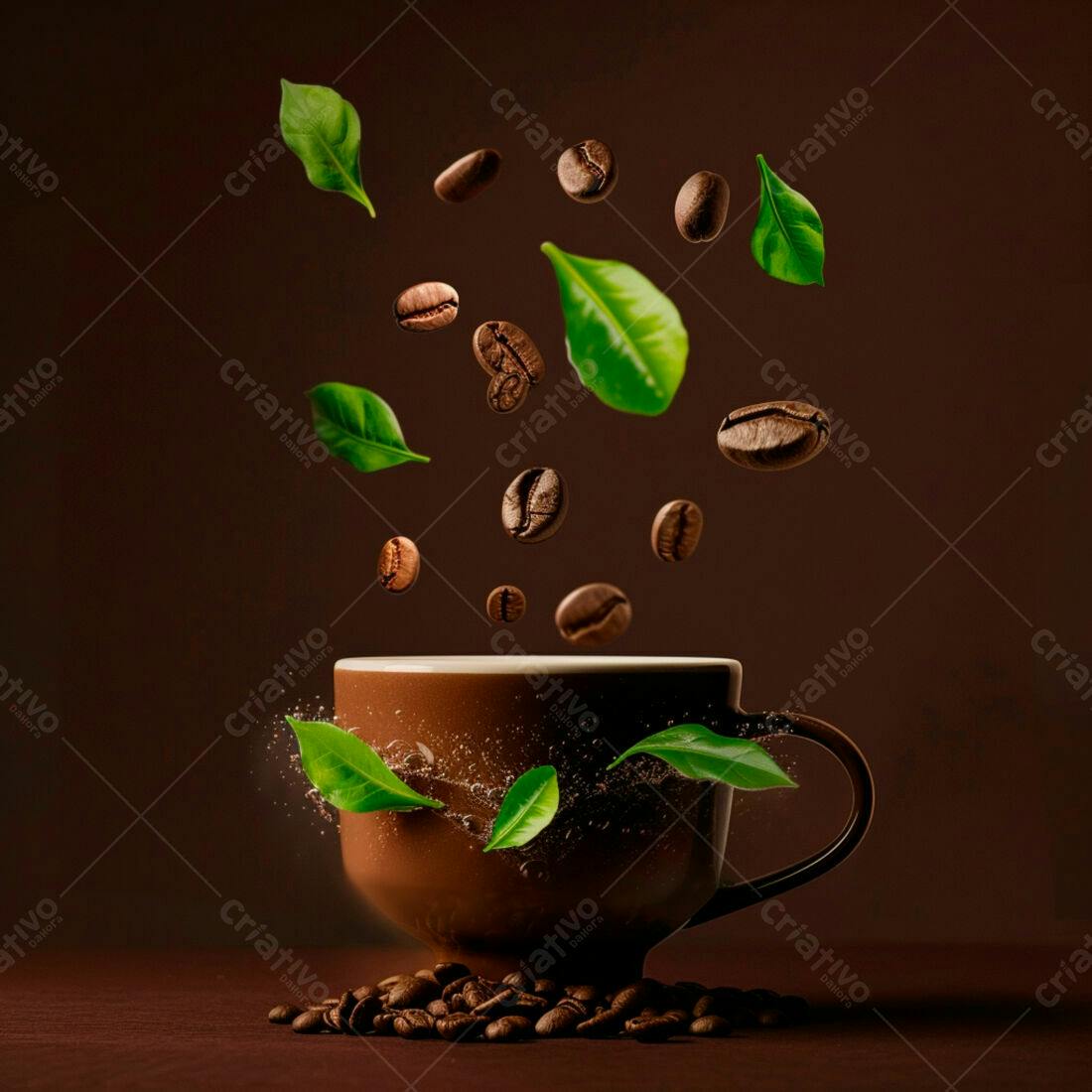 Xícara de café com grãos e folhas caindo