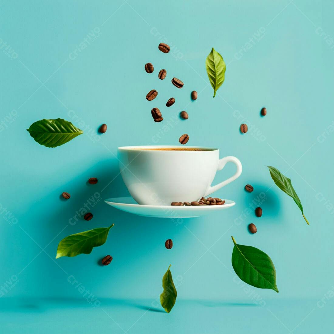 Xícara de café suspensa com grãos e folhas
