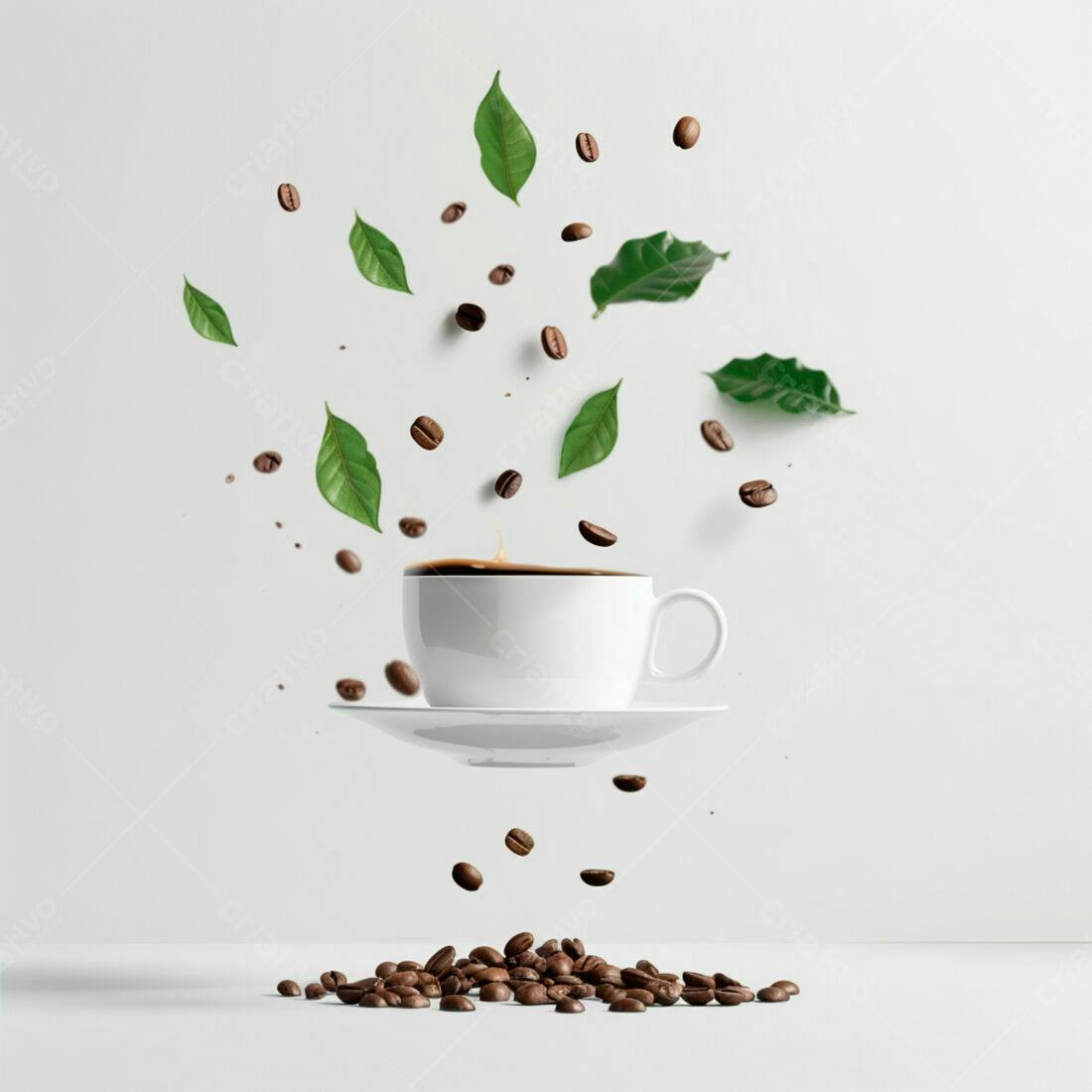 Xícara de café com grãos e folhas caindo