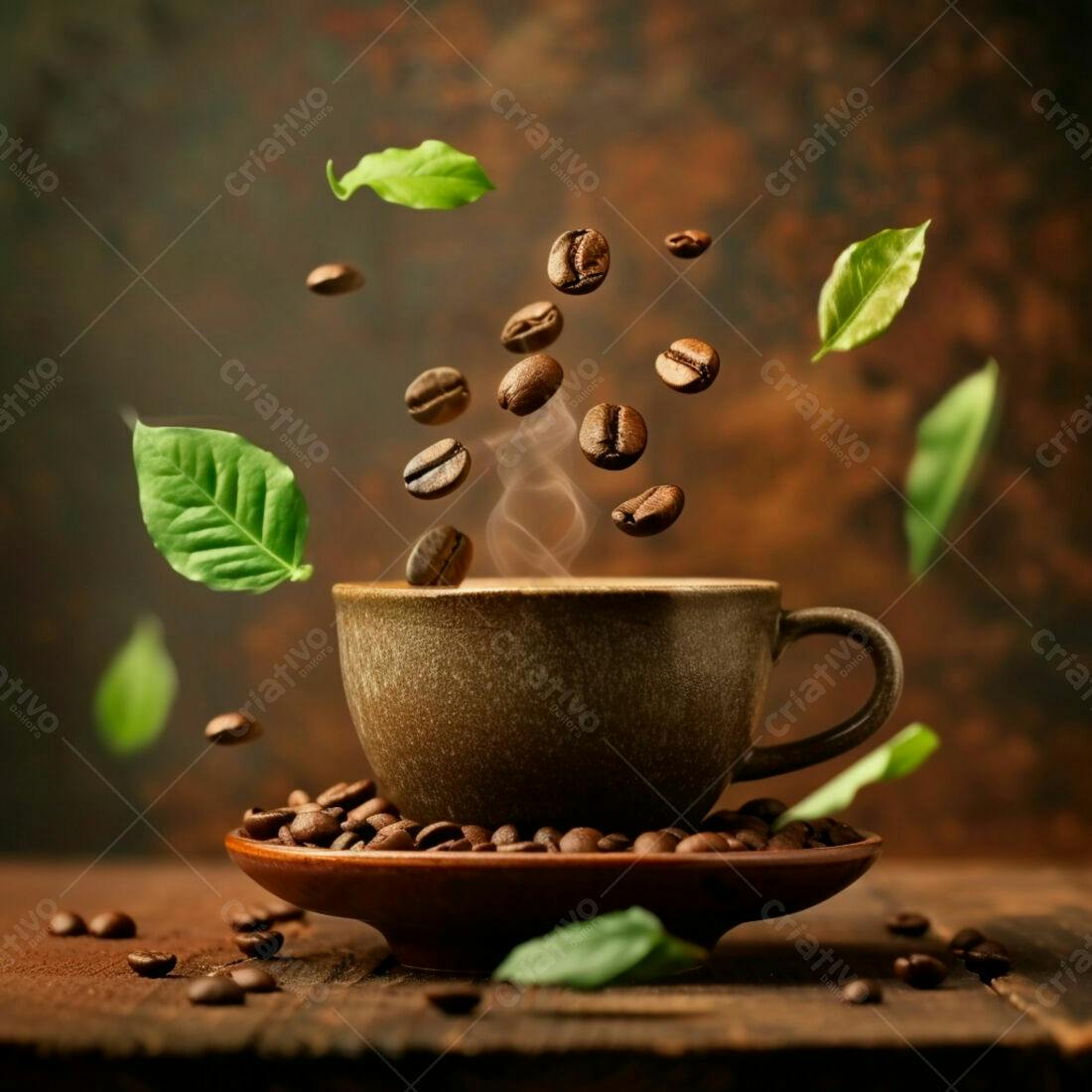 Xícara de café com grãos e folhas caindo