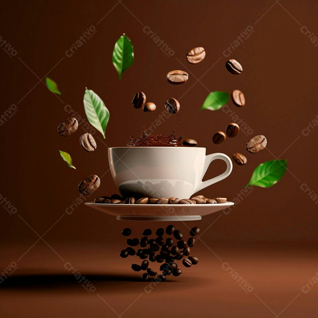 Xícara de café com grãos e folhas no ar